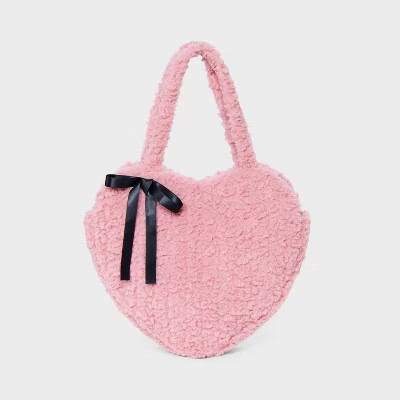 Girls' Faux Shearling with Bow Oversized Heart Tote Bag - art class™ Pink | Target