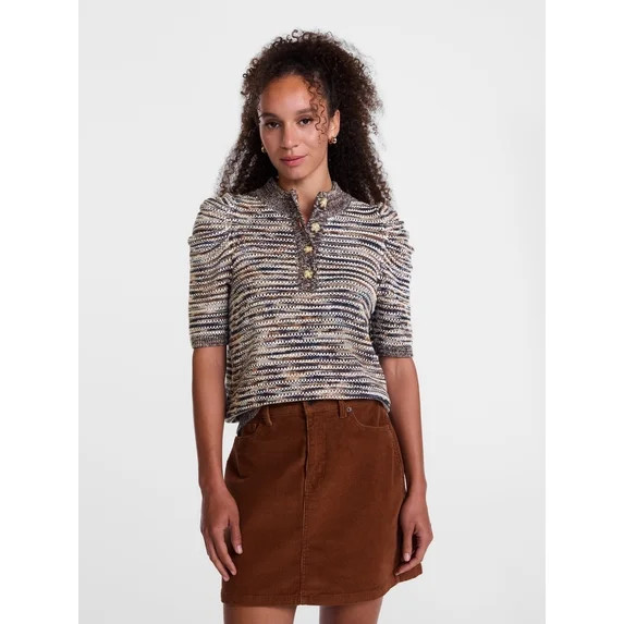 Scenario Women's and Women's Plus Henley Sweater with Puff Sleeves, Lightweight, Sizes XS-4X | Walmart (US)