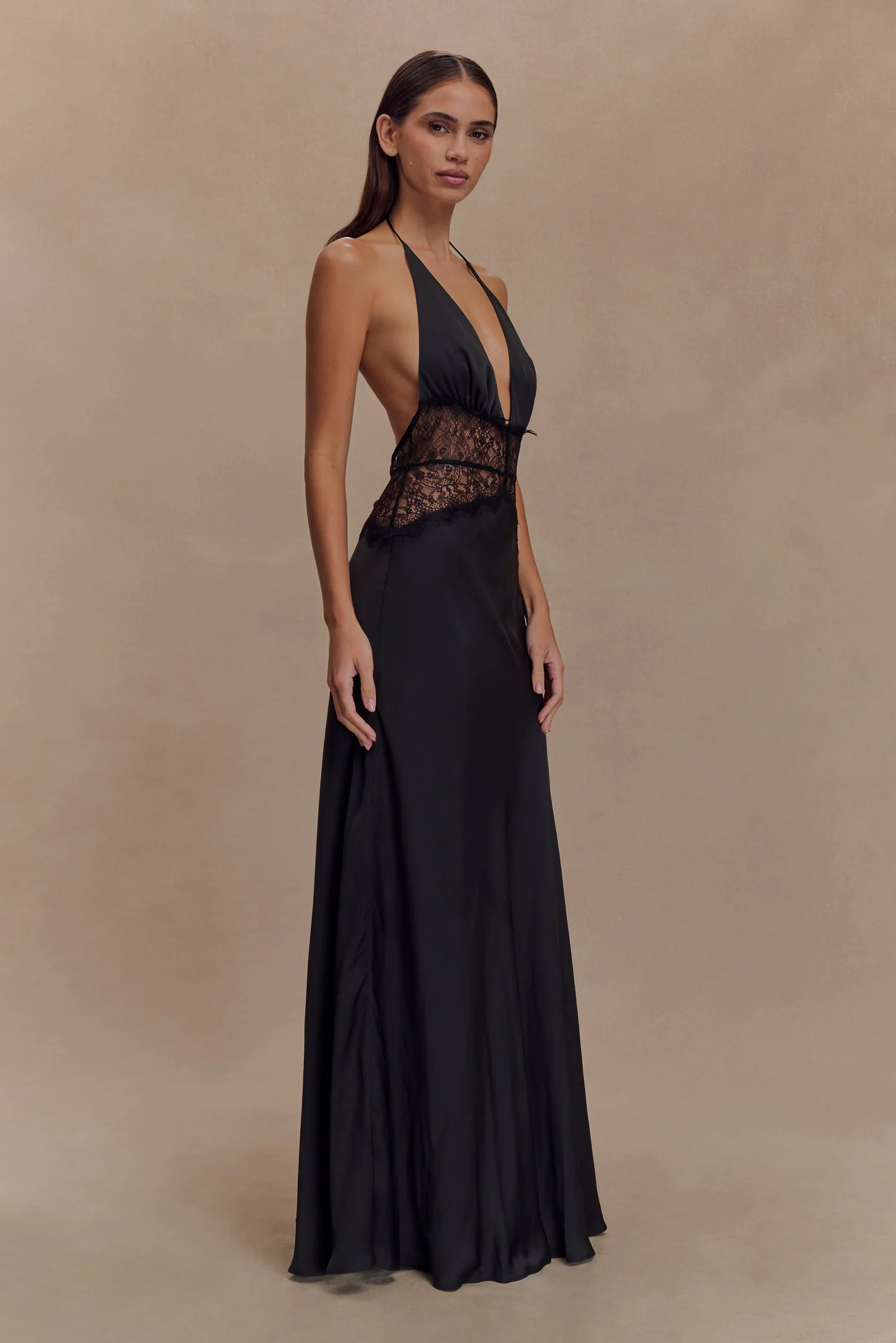 Dinah Lace And Satin Maxi Dress - Black | Meshki UK