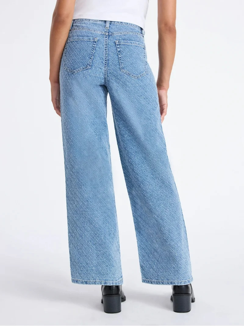 Time and Tru Women's High Rise Rhinestone Embroidered Wide Leg Jeans, Sizes 0-28 | Walmart (US)