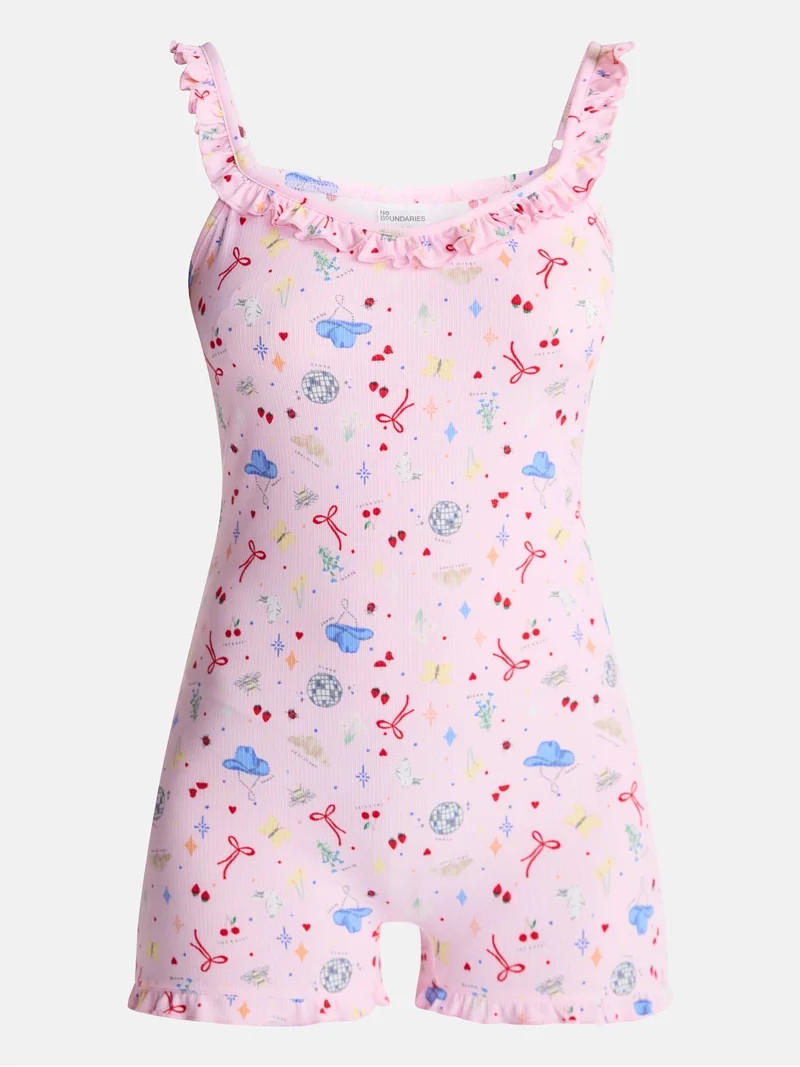 No Boundaries Ruffle Neck Sleep Romper, Women's XS-XXL | Walmart (US)