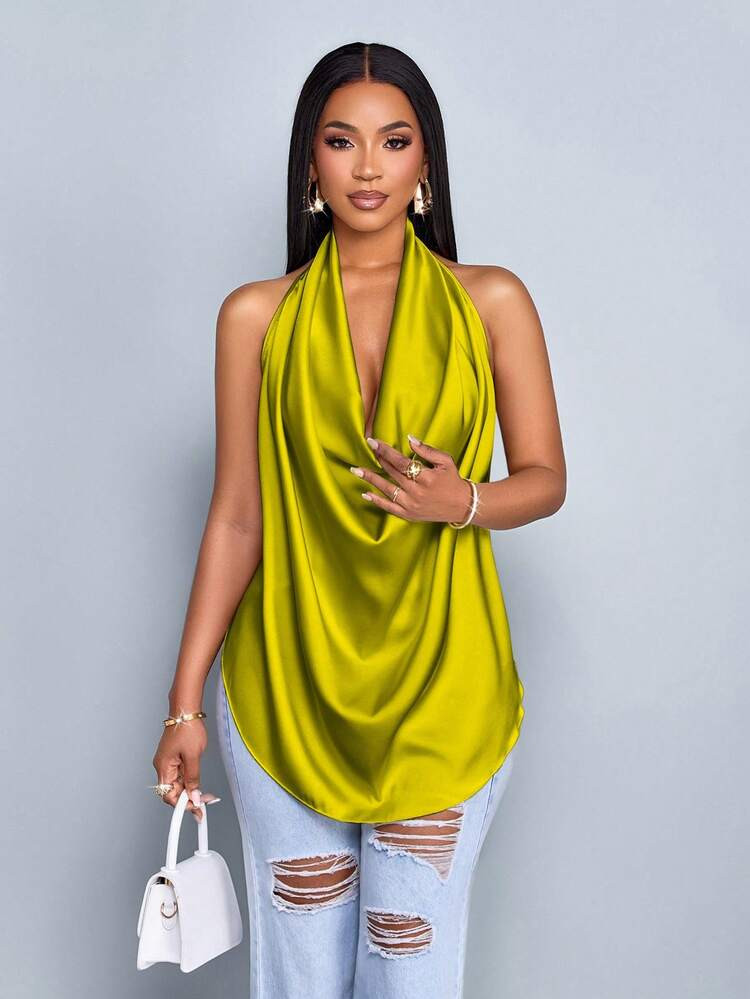 SOLERSUN Spring And Summer Women's Wear Leisure Vacation Apricot Glossy Fabric Deep V Neck Halter Straps Swing Neck Curved Hem Backless Straps Woven Fabric Vest | SHEIN