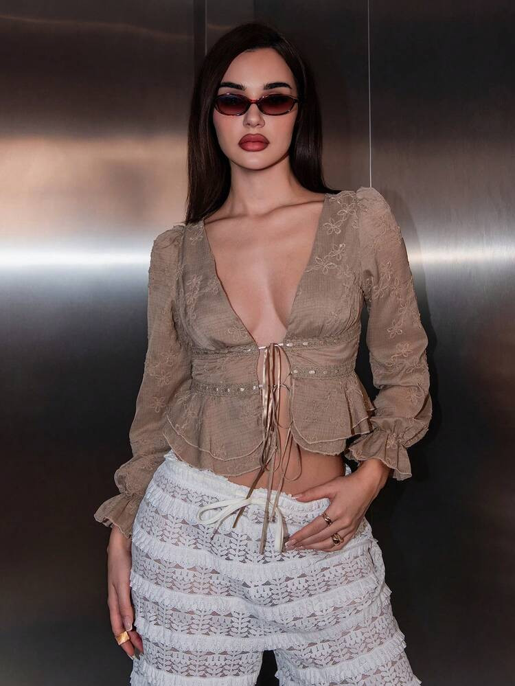 Bris Aura Women's Floral Embroidery Deep V-Neck Tie Front Long Sleeve Ruffle Hem Sexy Fashionable Blouse Bohemian Tops Boho Blouses Women Summer Blouse Top Boho Tops For Women | SHEIN