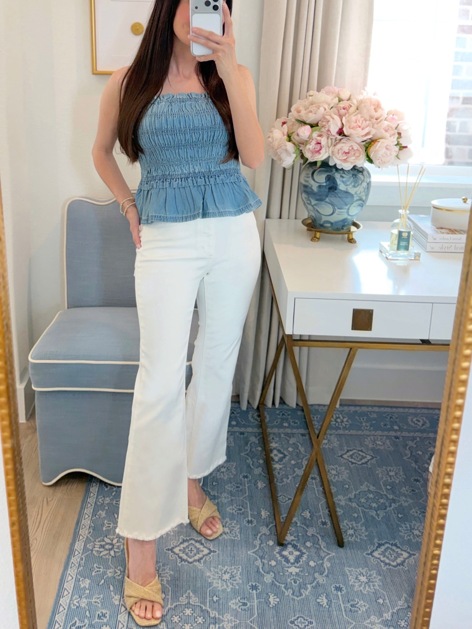White Mother jeans with frayed hem are back in stock! 🤍 fit true to size - also come in petite! ✨ 100% cotton denim top, mother hustler jeans smocked tank, target sandals wedge heel #target walmart shoes #walmart #walmartstyle free assembly target spring new arrivals spring shoes under $50 white jeans mother jeans mother denim white pants Memorial Day outfit 2026 smocked top casual spring outfit ideas @Target 

#LTKOver40 #LTKSaleAlert