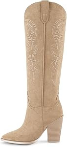 ISNOM Women's Cowgirl Boots Pull On Knee High Boots, Cowboy Western Embroidered Chunky Block Heel... | Amazon (US)