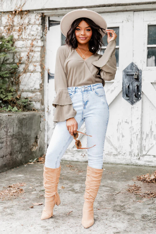 Feeling Good Olive Bell Sleeve Waffle Bodysuit | Pink Lily