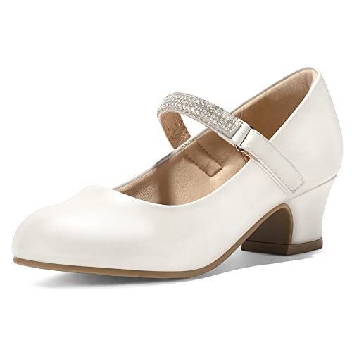 K KomForme Mary Jane Shoes with Low Heel Rhinestones Princess Flats Dress Pump Shoes for Little Kid/Big Kid Ivory White | Amazon (US)