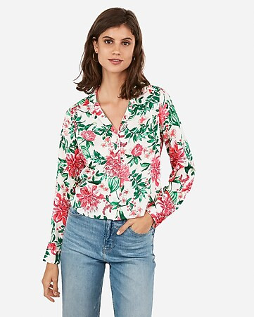 Satin Floral Print Pajama Collar Shirt | Express
