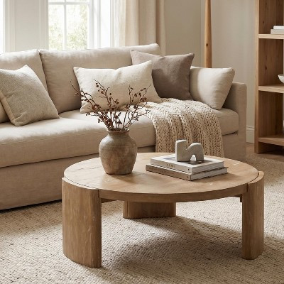 GDFStudio Everett Contemporary Wood Round Coffee Table with Panel Base, Oak | Target