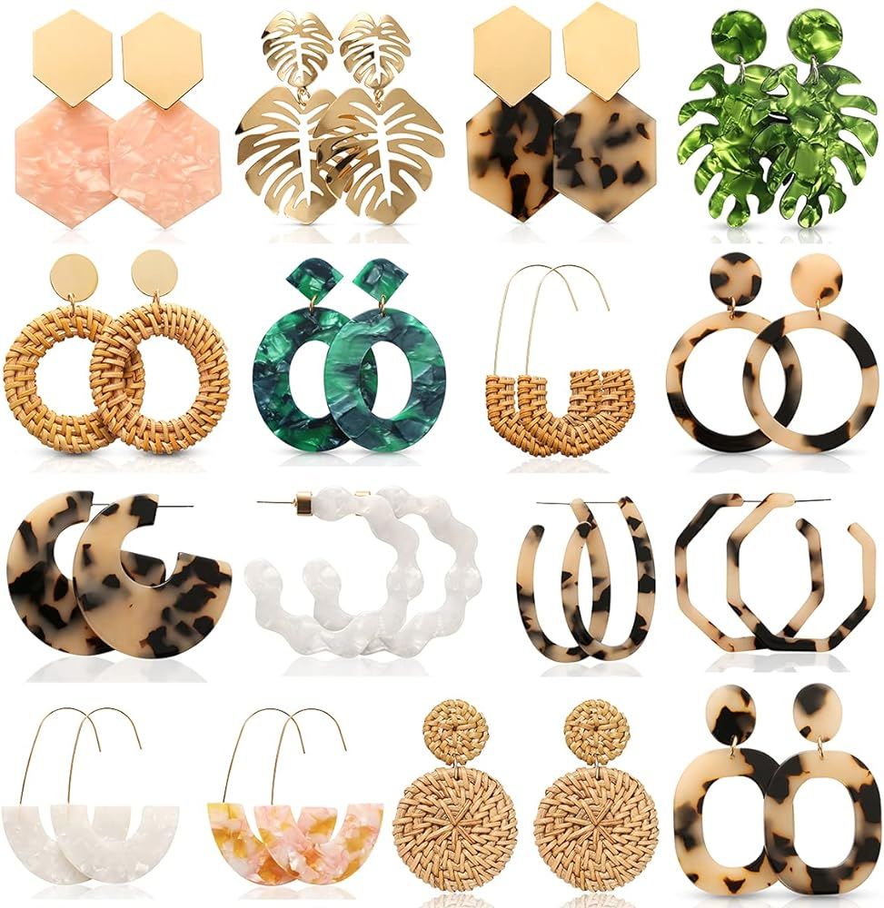 16 Pairs Trendy Acrylic Earrings Rattan Earrings for Women Girls-Summer Beach Straw Earrings Resi... | Amazon (US)