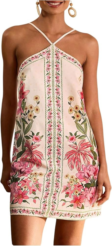 Floerns Women's Boho Floral Print Backless Cami Dress Sleeveless Vacation Short Dresses | Amazon (US)