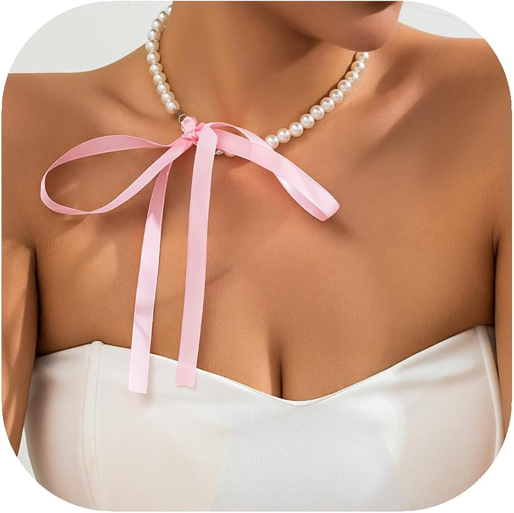 ALEXTINA White Pearl Choker Necklaces for Women Trendy Ribbon Bow Choker Necklace for Girls Pearl... | Amazon (US)