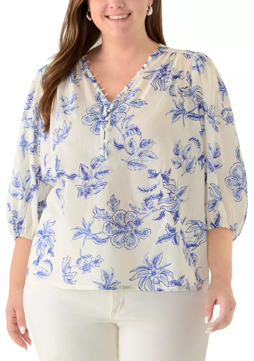 Plus Size Three-Quarter Sleeve Peasant Top | Belk