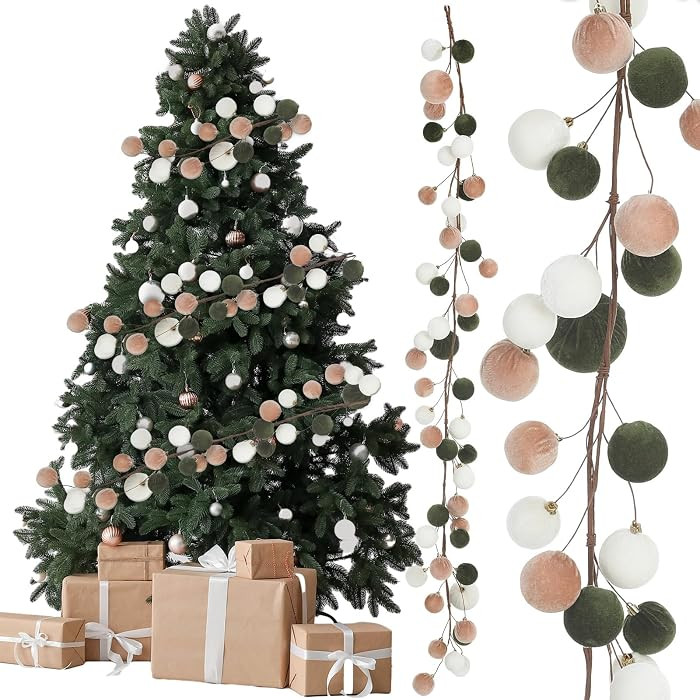 Simgoing 6 ft Christmas Ball Ornament Garland Christmas Bauble Hanging Ornament Neutral Velvet Bu... | Amazon (US)
