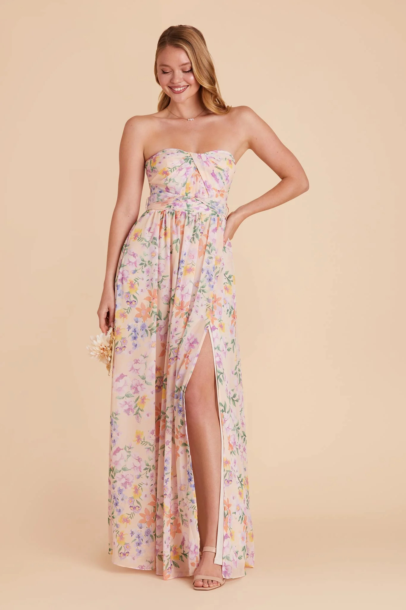 Grace Chiffon Dress With Slit in Botanical Blooms | Birdy Grey | Birdy Grey