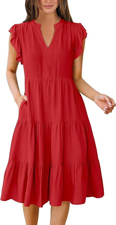 ANRABESS Womens Summer Dress Ruffle Sleeve V Neck Midi Dresses Fashion Casual Fit Flowy Tiered Bo... | Amazon (US)