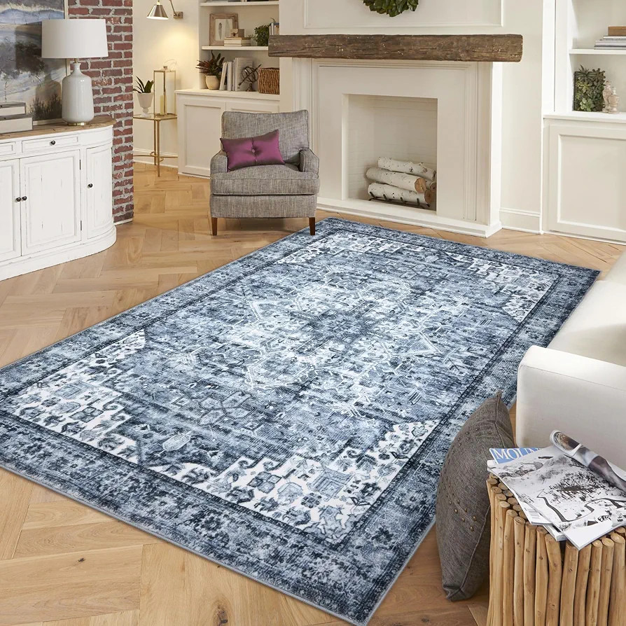 5x7 Oriental Area Rug for Living Room, Machine Washable Large Blue Printed Area Rug Non-Slip, Ult... | Amazon (US)