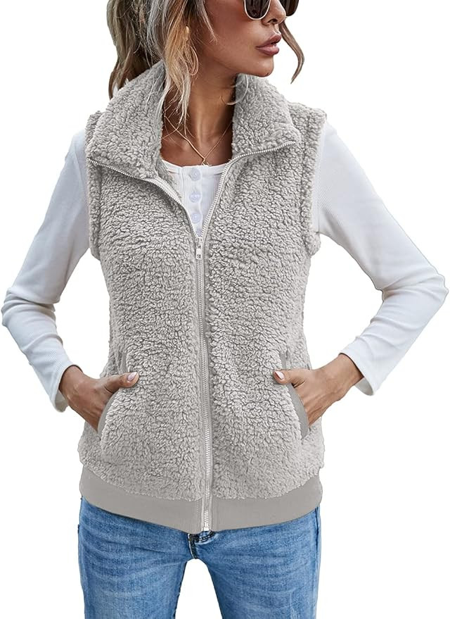 LOMON Womens Fuzzy Fleece Vest, Casual Warm Sleeveless Zip Up Sherpa Vest Jacket with Pockets for... | Amazon (US)