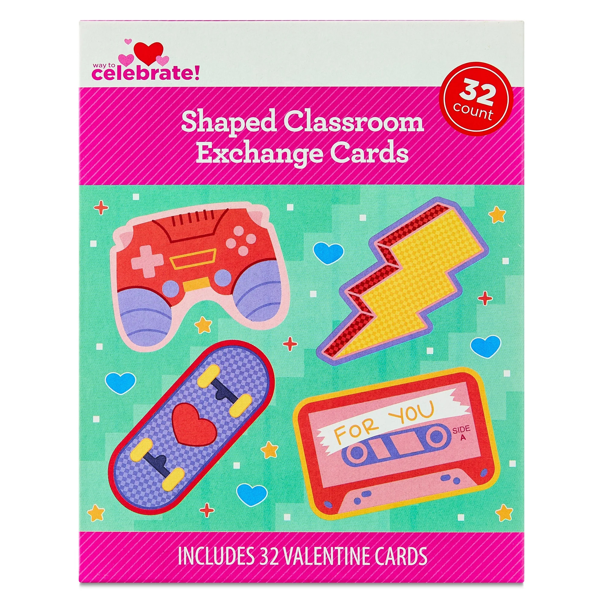 Retro Shaped Classroom Exchange Cards, Multicolor, 32 Count, Valentine's Day by Way To Celebrate | Walmart (US)