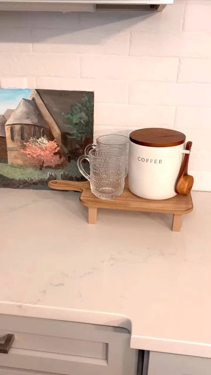 Coffee bar, kitchen, kitchen decor, coffee, coffee maker, glass cabinets, floating shelves, canisters, home decor, magnolia, hearth and hand, target, crate & barrel, fruit bowl, marble, wood, oak wood

#LTKunder50 #LTKhome #LTKFind