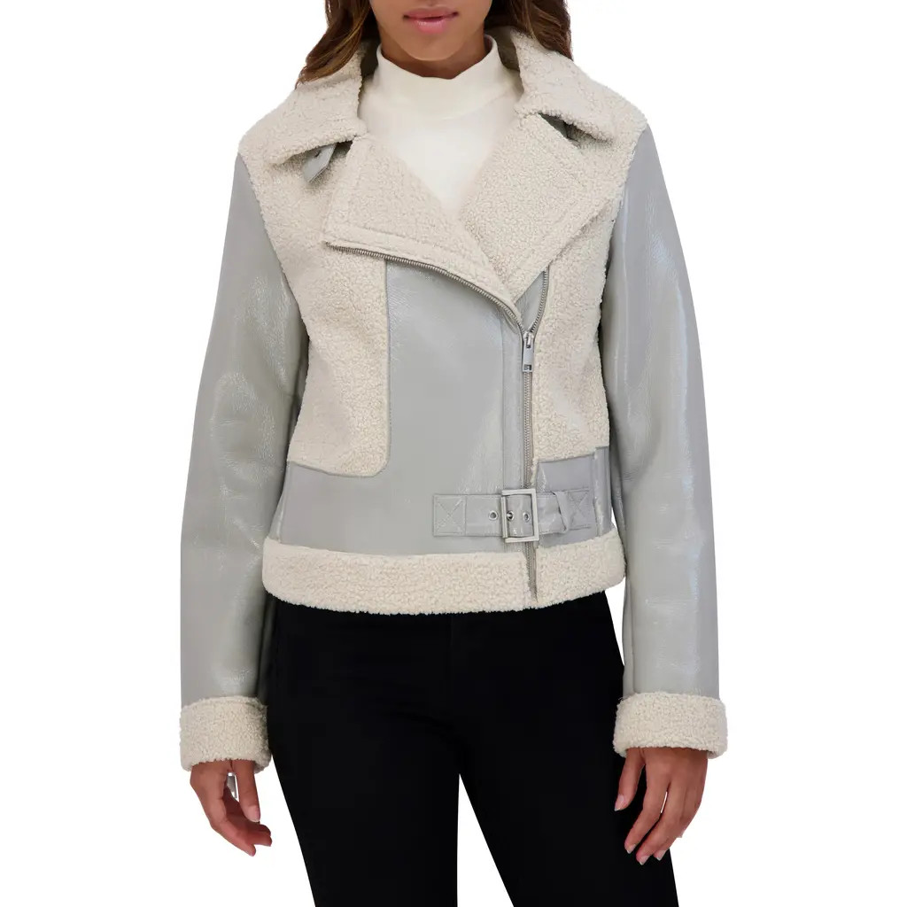 Andrew Marc Udall Faux Shearling Moto Jacket in Cement at Nordstrom, Size Medium | Nordstrom