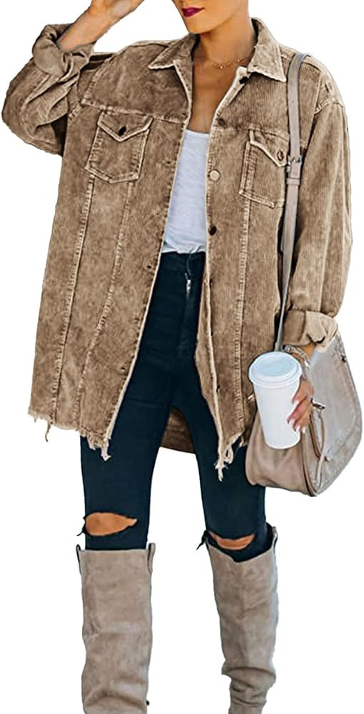 Ainangua Women's Oversized Corduroy Shirts Long Sleeve Button Down Retro Jacket Coat Shacket | Amazon (US)
