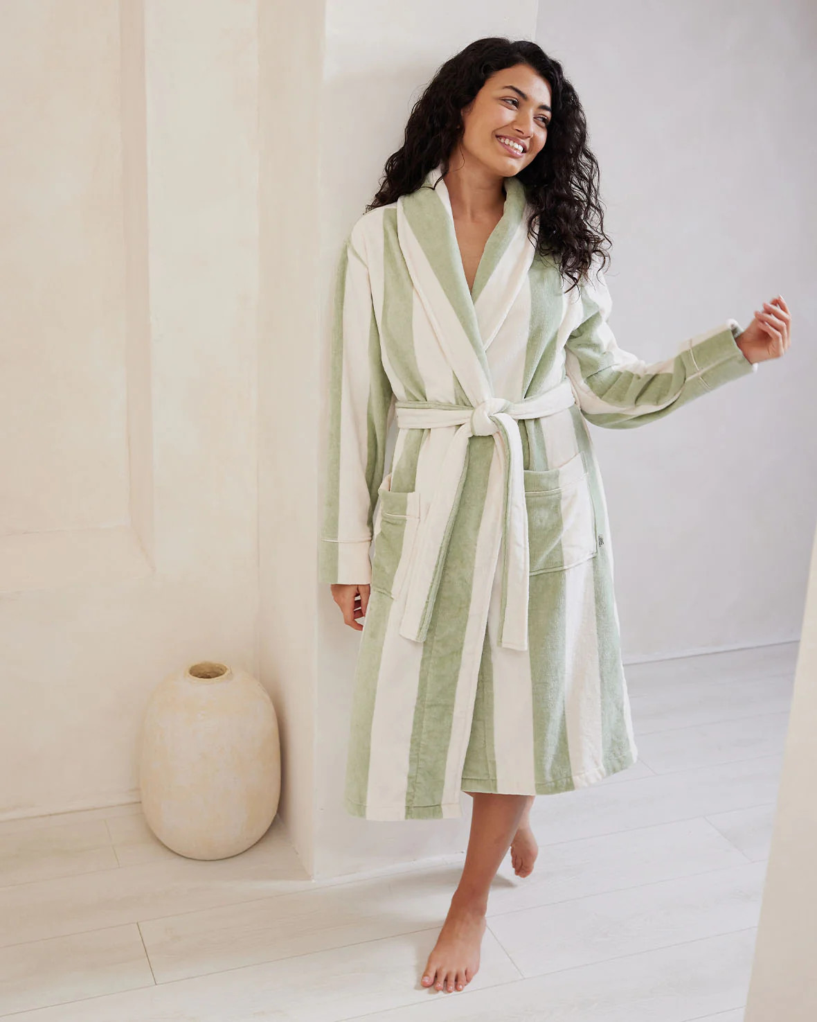 Cotton Towelling Stripe Dressing Gown - Green | Chelsea Peers NYC