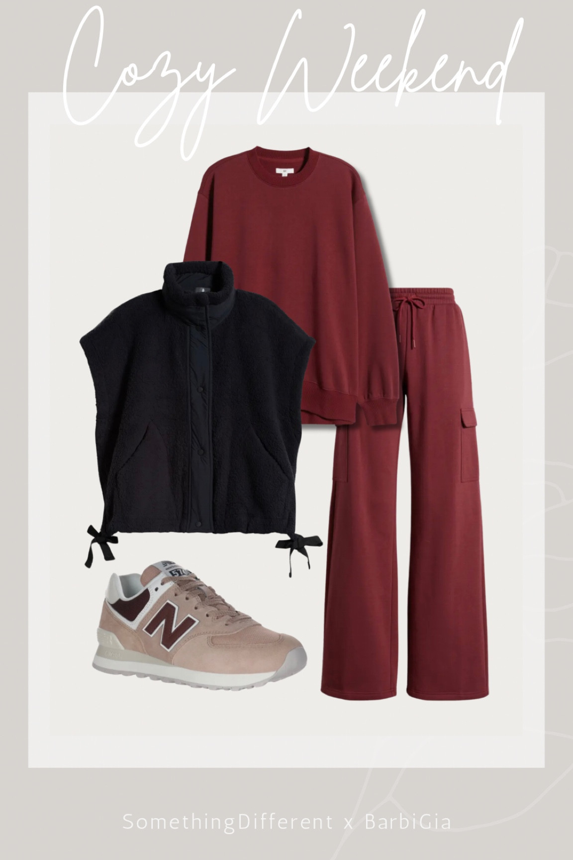 Cozy weekend outfit idea by BarbiGia. Burgundy wine sweatpants set. Free people fleece vest. Burgundy new balance sneakers for fall 



#LTKHome #LTKFindsUnder100 #LTKSeasonal