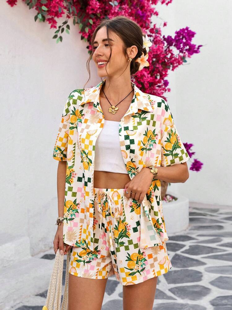 Vivid Eden Woven Floral Checkered Print Loose Women's Short Sleeve Shirt,Summer Outfits For Women... | SHEIN