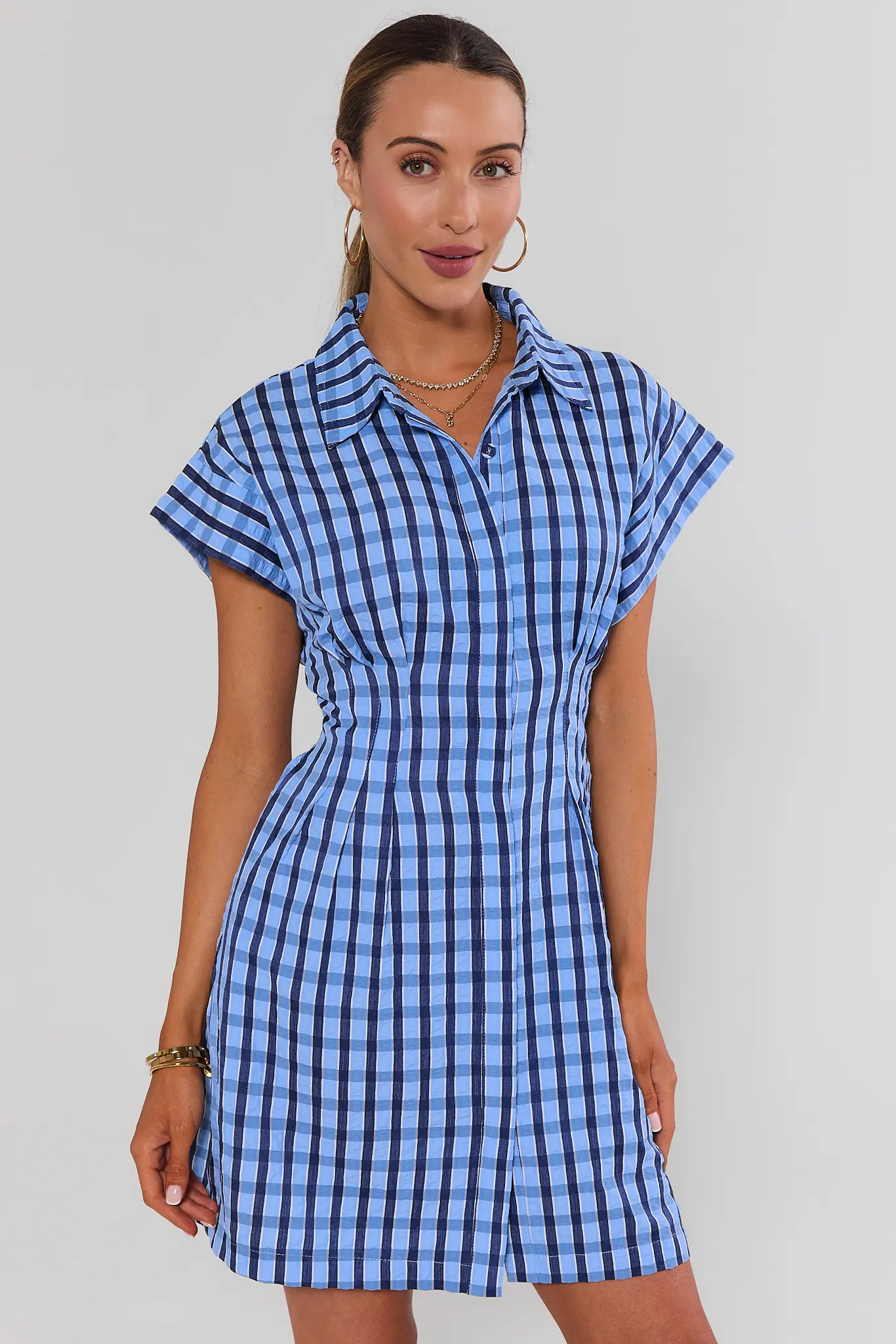 Blue Gingham Collared Short Dress by THML | Avara