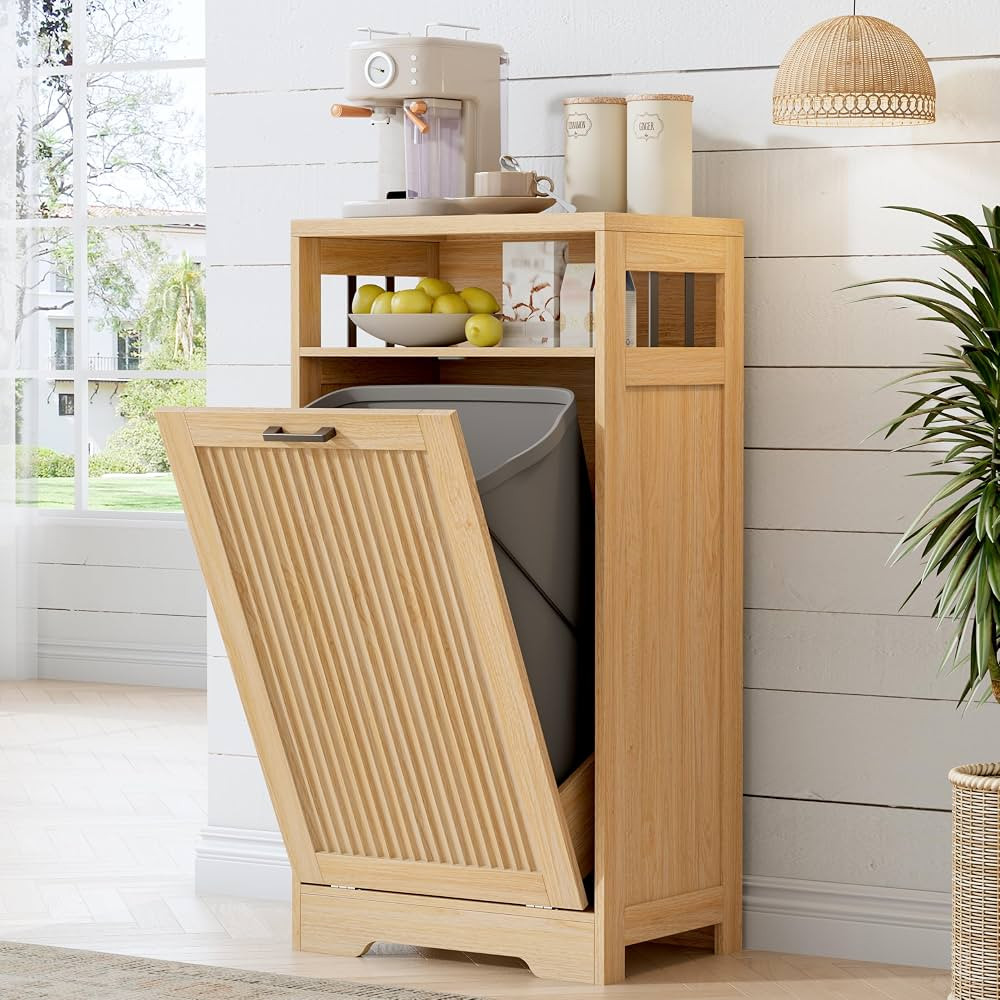 13 Gallon Tilt Out Trash Can Cabinet with Open Shelf & Storage - Pet Proof Hidden Recycling Cabin... | Amazon (US)