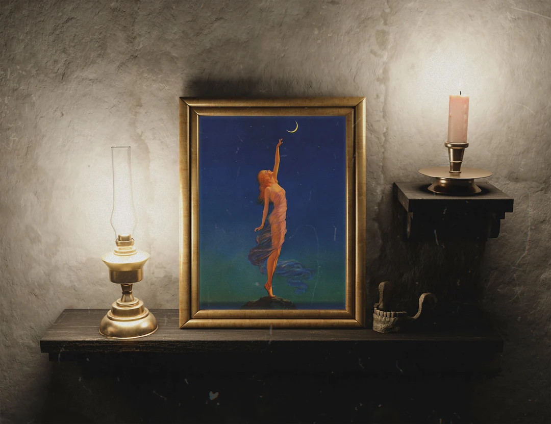 Reaching for the Moon, Edward Mason Eggleston Painting, Halloween Art, Moon Witch, Witchy Art, Al... | Etsy (US)