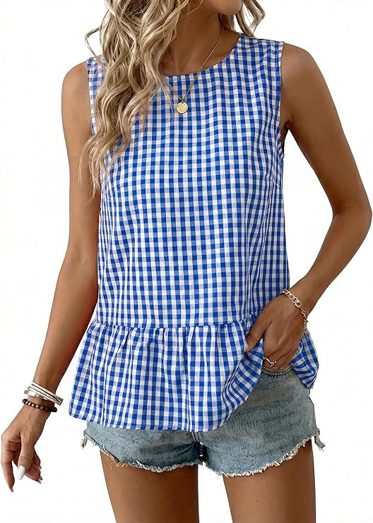 BLENCOT Summer Tank Top Crewneck Sleeveless Gingham Cami Shirts Ruffle Hem Boho Dressy Blouse Loo... | Amazon (US)