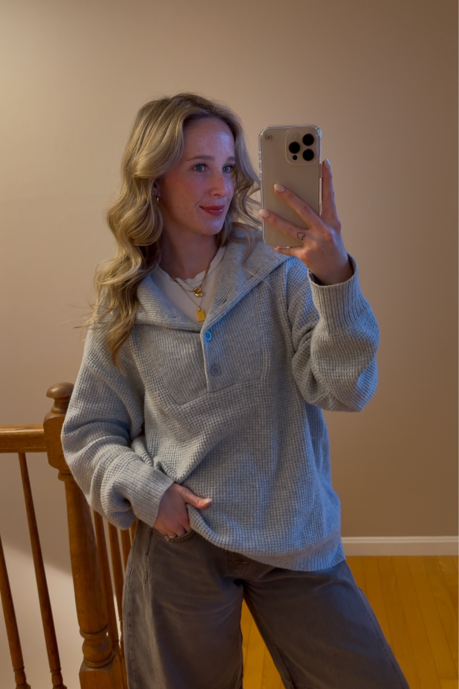 Aerie waffle knit quarter button sweater is such a staple!! Wearing a size large for more oversized fit. Matching waffle knit joggers! 