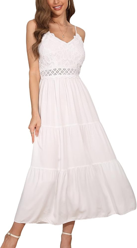 Dokuritu Women's Beach Crochet Lace Maxi Dress Solid Color Summer Vacation Spaghetti Strap Long D... | Amazon (US)