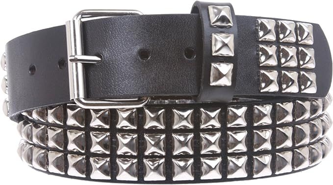 Snap On Three Row Punk Rock Star Metal Silver Studded Full Grain Cowhide Leather Belt | Amazon (US)