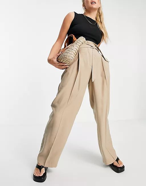 Mango wide leg tailored trouser co-ord in camel | ASOS (Global)