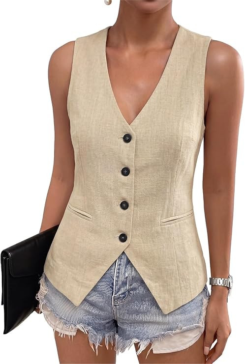 Dokotoo Womens Vest Dressy Casual V-Neck Button-Down Lined Suit Jacket Waistcoat Versatile Vests | Amazon (US)