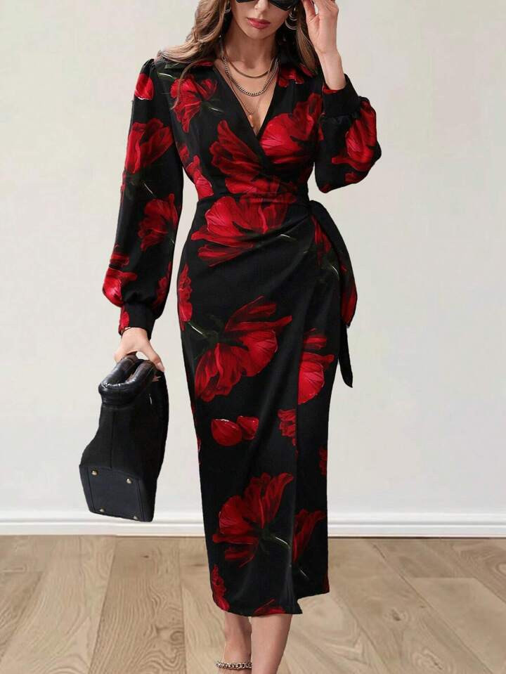 Modelyn Long Sleeve V-Neck Allover Floral Print Casual Dress For New Year Clothes Maxi Women Outf... | SHEIN