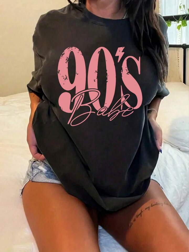 SHEIN Slayr Camiseta Feminina de Verão com Ombros Caídos e Estampa de Letras, Estilo Simples e ... | SHEIN