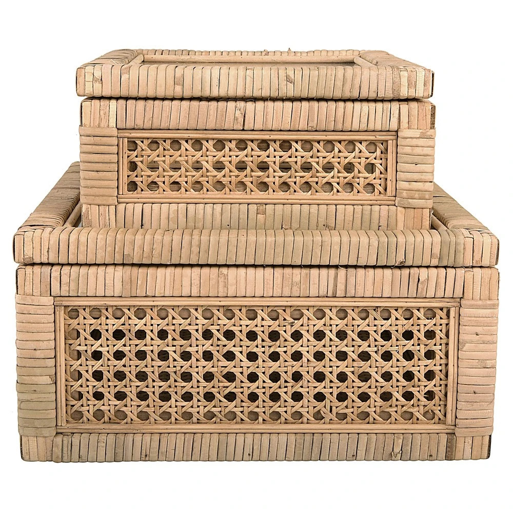 Niana Coastal Beach Natural Woven Rattan Square Decorative Box - Set of 2 | Kathy Kuo Home