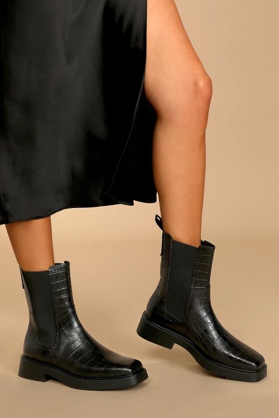 Jillian Black Croc Embossed Square-Toe Chelsea Boots | Lulus (US)