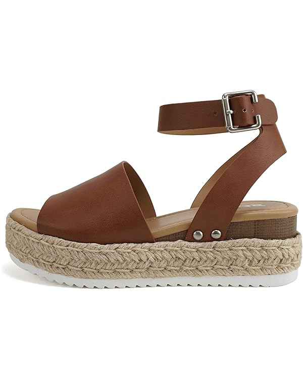 Soda Topic Open Toe Buckle Ankle Strap Espadrilles Flatform Wedge Casual Sandal | Amazon (US)