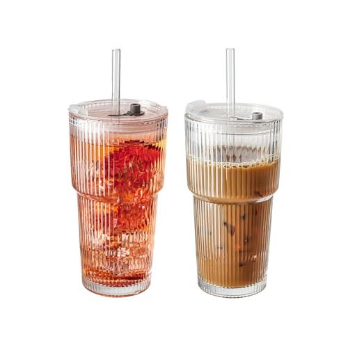 SUROQUE 20oz Ribbed Glass Tumblers with Lids & Straws, Ideal for Iced Coffee, Cocktails & More - Includes Cleaning Brush | Amazon (US)