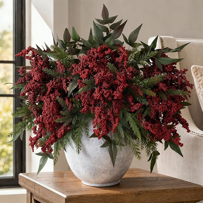 RattanView 16 Pcs Christmas Red Berry Stem Cedar Pine Branches, 18.5" 11" | Amazon (US)
