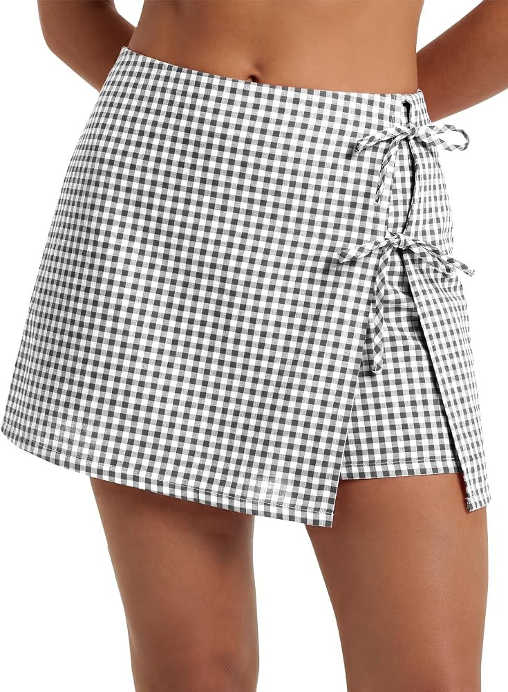 EXLURA Womens High Waisted Gingham Skort A-Line Wrap Mini Skirt with Shorts Side Tie Cotton Plaid... | Amazon (US)