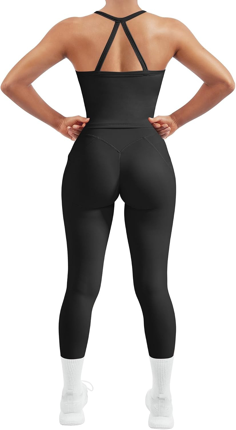 SUUKSESS Women 2 Piece Workout Sets Compression Tummy Control Leggings with Pockets Halter Built in Bra Tank Tops | Amazon (US)