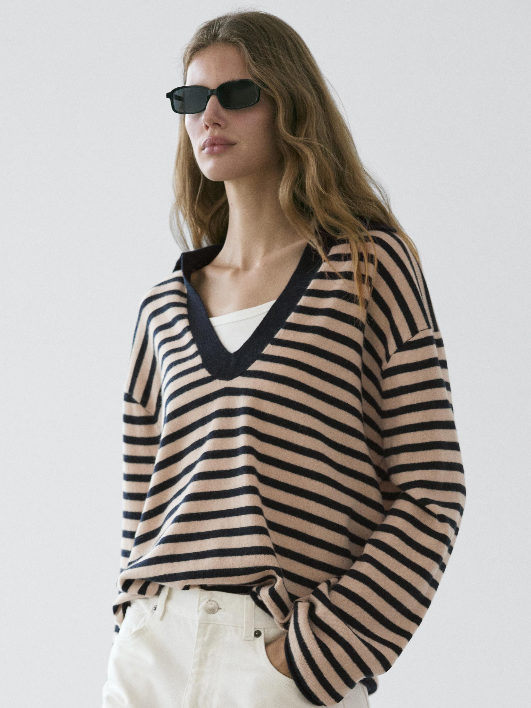Striped V-neck knit sweater | Massimo Dutti UK