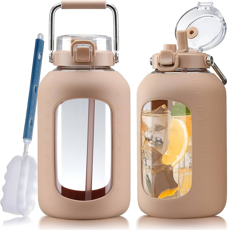 Large Glass Water Bottles with Stainless Steel Handle,100 oz Gallon Drinking Bottle with 2-in-1 S... | Amazon (US)