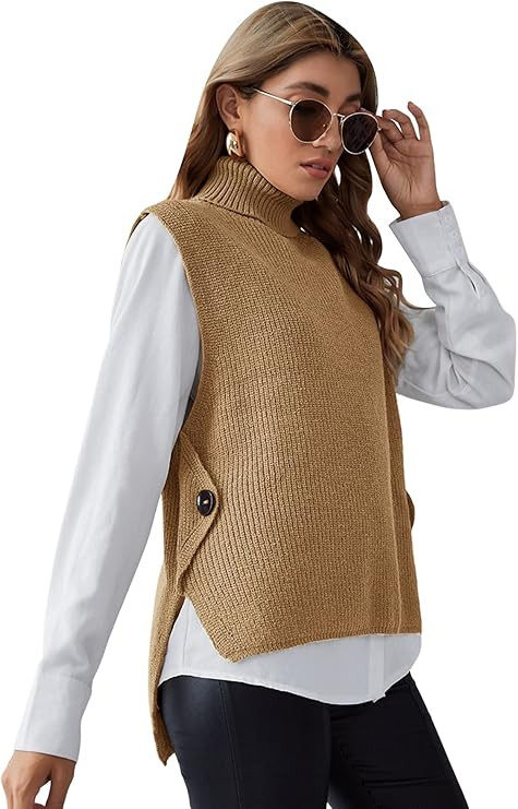 SheIn Women's Mock Turtleneck Sleeveless High Low Tank Tops Knit Sweater Vest | Amazon (US)